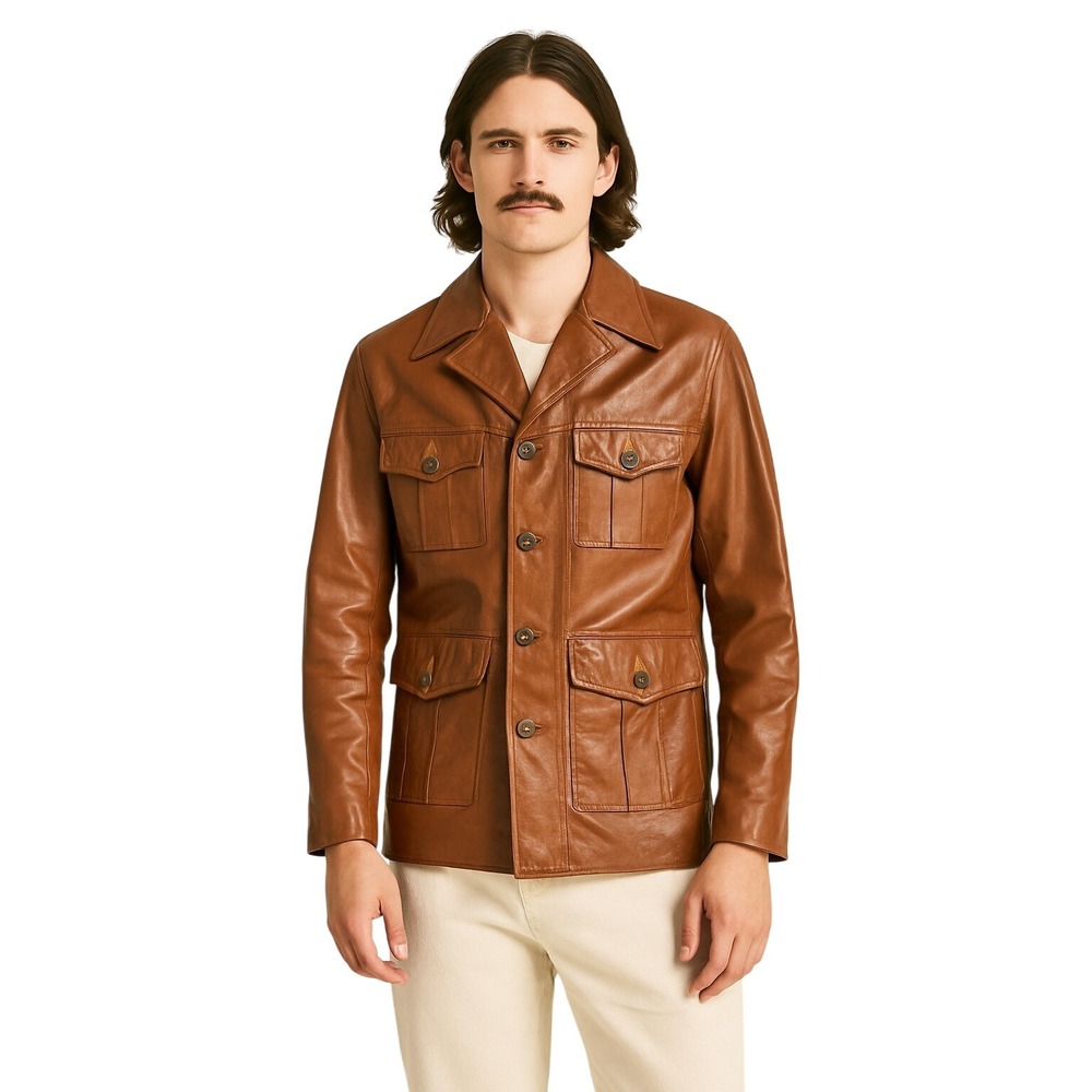 A ROBERT LEWIS IDEA 70s Brown Genuine Leather Safari Jacket‎ Size 42
